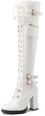 AORUIDA Damskor Stövlar Chunky Block Plattform Högklackade Stövlar Vinter Retro PU Läder Biker Militär Goth Punk Overknee Stretchstövlar,White,35 EU
