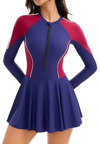 FEOYA Womens Swimming Costumes with Shorts Women's Sport One Piece Swimdress Swimsuits One Piece Rash Guard Zip Up Swimsuit Long Sleeve with Removable Cups