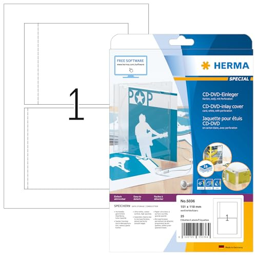 HERMA 5036 CD DVD Einleger für Jewel Case Hüllen perforiert, 25 Blatt, 151 x 118 mm, 1 pro A4 Bogen, 25 Stück, bedruckbar, matt, blanko Papier-Cover Inlays, weiß