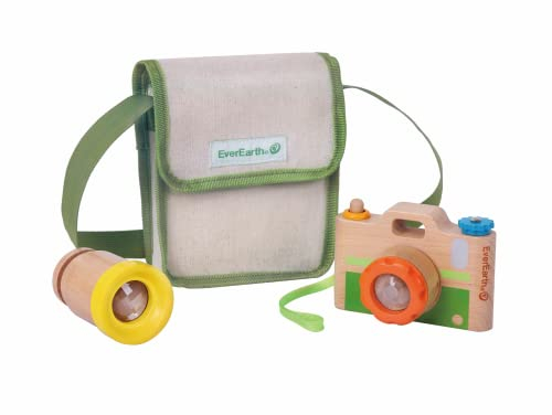 EverEarth Holz Kinderkamera mit 2 wechselbaren Objektiven für kleine Entdecker - Kinder Fotoapparat mit praktischer Tragetasche - Holzspielzeug für Jungen und Mädchen - Holzfotoapperat EE33766