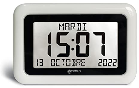 Kalenderuhr - Geemarc Viso10 mit automatischer Zeiteinstellung und großen Buchstaben - Für Menschen, die mit Alzheimer Leben - Batteriebetrieben - Ohne Hintergrundbeleuchtung - Version DE - Weiß
