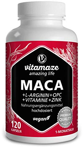 Maca Kapseln hochdosiert 5000mg + L-Arginin + VITAL Formel B6, B12, OPC, Zink, 120 vegane Kapseln für je 1 Monat, deutsche Premium-Qualität