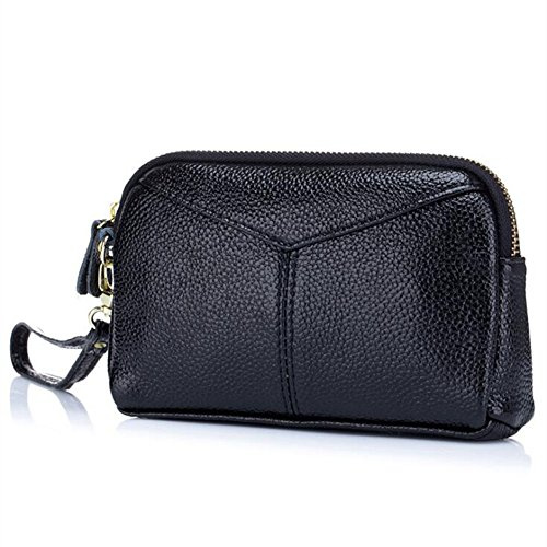 AprinCtempsD Women's Clutch Bag Genuine Leather Wristlet bag Small Handbag Zipper Wallet Purse with Wrist Strap (Black)