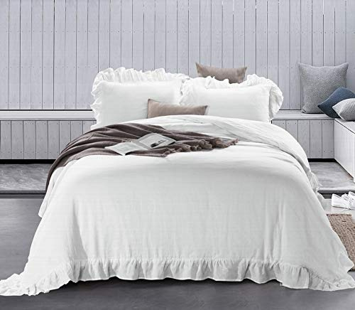meadow park Stone Washed French Linen Duvet Cover Set 3 Pieces - Super Soft, Full/Queen 90 inches x 92 inches - Shams 20 inches x 26 inches, Ruffled Style - Button Closure - Corner Ties, White Color
