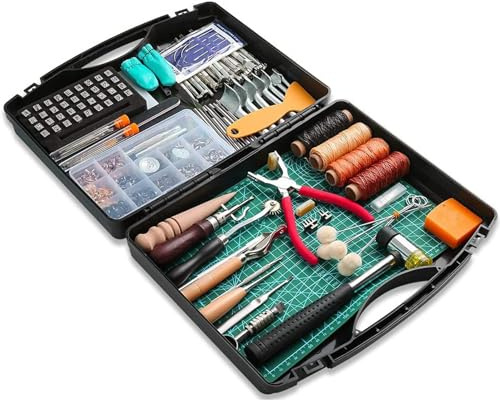 273-teiliges Leder-Arbeitswerkzeug und -Zubehör mit Leder-Werkzeugkasten, Schneidematte, Hammer Stamping-Werkzeuge, Druckknöpfe und Nieten, perfekt zum Nähen, Stanzen, Schneiden, Nähen Lederhandwerk
