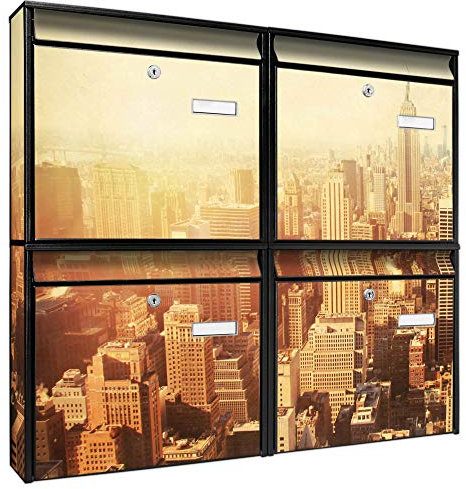 banjado Briefkastenanlage 4 Fach - Postkästen groß - verzinkter Stahl schwarz DIN A4 Motiv Manhattan 2 - Briefkasten Set 4 Briefkästen Namensschild, 2 Schlüssel, Montagematerial
