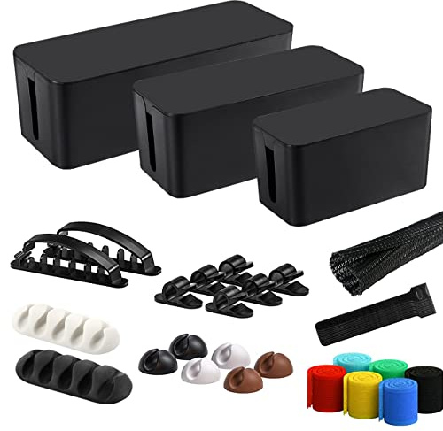 Cable Management Box, 3 Pack Cord Organizer Boxes with 33 PCS Cable Management Set to Cover Hide Power Strip, Surge Protector Under Desk & on Floor, Wire Concealer for Home Office Computer TV (Black)