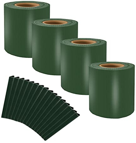 Sellon24® PVC Sichtschutzstreifen Doppelstabmatten Zaunfolie 4er Set | 4 Rollen 35m x 19cm | 80 Befestigungsclips inklusive | Sichtschutz Windschutz 450g/m² (Grün)