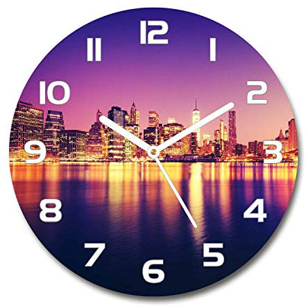 Tulup Glasuhr ⌀ 60cm - weißen Zeigern - Wanduhr Wandkunst Bild Gehärtetem Glas Uhr Echtglas Küche Wohnzimmer - Manhattan New York
