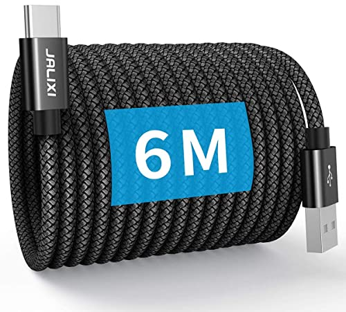 JALIXI Cavo USB C 6M Ricarica Rapida, Cavo PS5 USB Tipo C Extra Lungo Nylon per Playstation 5, iPhone 15 Pro Max, Samsung Galaxy S24 Ultra S23 S22, A55 A54 A35 A34 A25 A15 A14, Nero