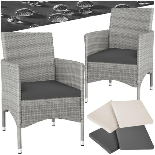 tectake® 2er Set Gartenstuhl aus Polyrattan, Gartenmöbel Set mit 2 Sessel, Outdoor Rattansessel inklusive Sitzpolster und 2 Bezugssets, rostfreie Edelstahlschrauben, pflegeleicht - hellgrau/Creme