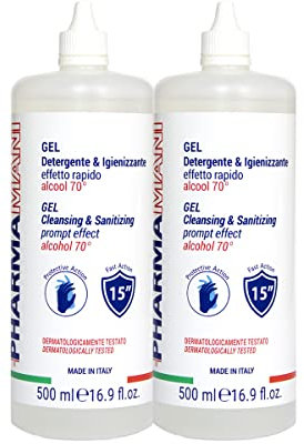 Pharmamani KIT 2 PEZZI GEL IGIENIZZANTE MANI da 500 ml l'uno. 70% Alcool, Effetto Rapido, Non appiccica, si assorbe subito e idrata le mani. Profumo gradevole, Dermatologicamente Testato.