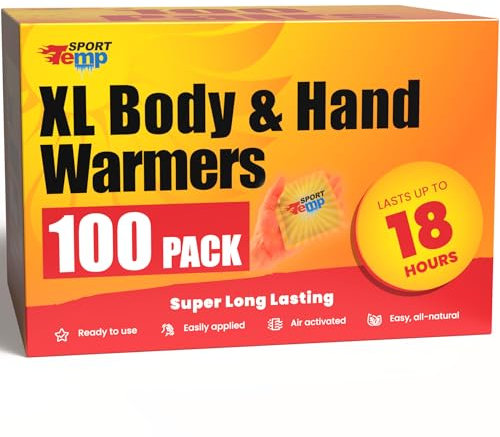 Large Hand & Body Warmers (100 Pack) Up to 18 Hours of Heat, Super Long Lasting - Easy, All Natural - Air Activated, for Body, Hands & Toes - Odorless Hot Hand Warmer - Sport Temp