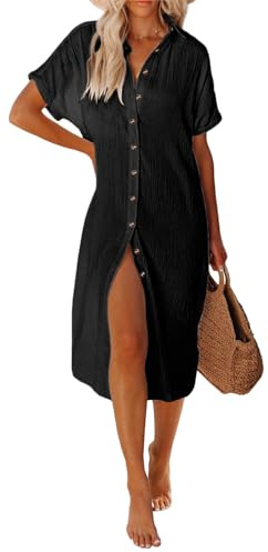 UMIPUBO Women Beach Cover Ups Casual Short Sleeve Beachwear Swimsuit Bikini Cover-Up Button Down Side Split Long Kimonos Bathing Suit Cardigans Beach Dress (Black, XL)