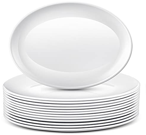 Dandat 12 Pcs Large Serving Platters Oval Trays White Plates Serving Dish for Wedding Party Restaurant Home Steak, Taco, Sushi, Appetizer, Cake (14 Inch)