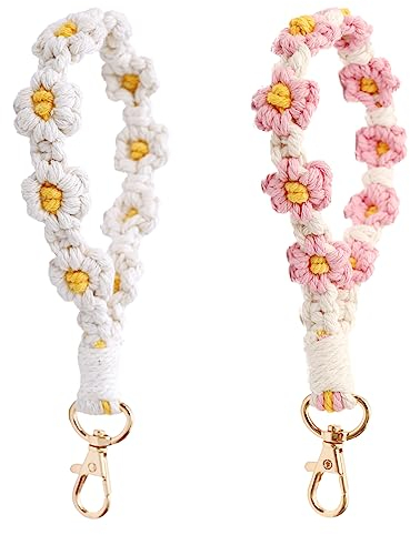 Makramee-Armband, Schlüsselanhänger, gewebtes Gänseblümchen-Design, handgefertigt, Boho-Seil, Handyhalter für Damen und Mädchen, Weiß/Rosa, 15 cm