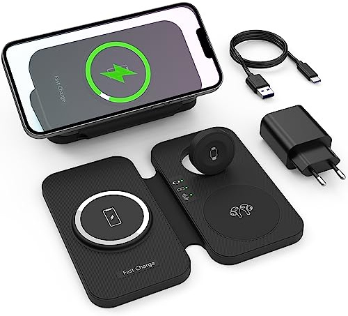 Mag-Safe Chargeur sans Fil 3 en 1, Pliable, 15 W, Station de Charge inductive, pour iPhone 15/14/13/12, Apple Watch et Air Pods, Chargeur sans Fil avec Chargeur USB C