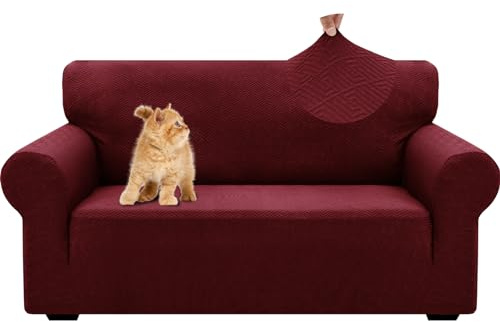 YSTELLAA Stretch Sofa Überzug 2 Sitzer, Sofaschoner rutschfest Weihnachtsdeko, Dicke Sofabezug Für Hunde Katzen Und Haustiere, Universal Jacquard Sofabezug, Waschbare Sofa Cover, Rot
