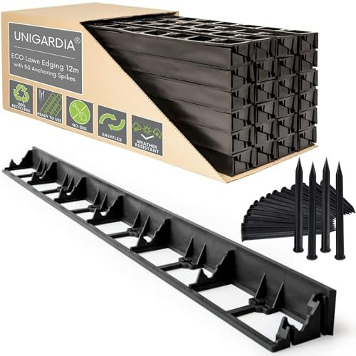 Flexible Lawn Edging 12 m - Invisible Plastic Garden Edge with 50 Securing Pegs - Easy to Use, Weather Resistant - Grass, Flowerbed & Path Border Edging, Height 78 mm, Black