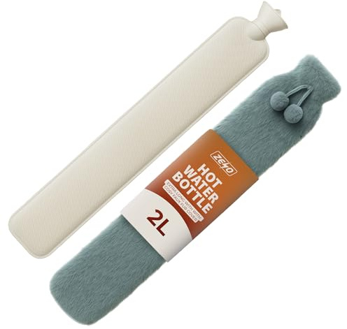 ZENO Hot Water Bottle 2L | Hot Water Bottles for Adults and Kids | Easy to Fill Up and Leak Proof | Keeps You Warm for Hours | 75CM Long with Super Soft Grey Fleece Cover