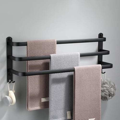 nvdsivee Handtuchhalter Ohne Bohren Schwarz Handtuchstange Wand zum Kleben für Bad Küche Badetuchhalter Aluminium mit 2 Haken Handtuchablage Schwarz 3 Schichten 60cm