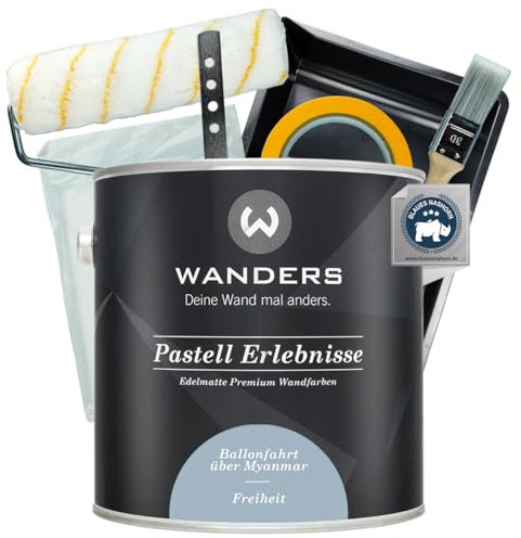 Wanders Pastell Erlebnisse Wandfarbe 2,5L (Freiheit, Blau) inkl. Streichset Basic – Premium Kreidefarbe, Leichte Anwendung, Hochdeckend, Ultramatt, Perfekt für Heim-DIY