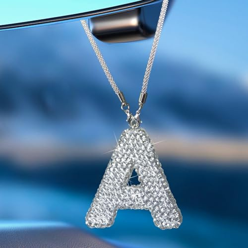 Hitluste Bling Car Letter Charm, Rear View Mirror Ornament Cute Hanging Crystal Pendant Bling Car Accessories, Lucky Diamond Rhinestone Women Charm Auto Decoration (White A)