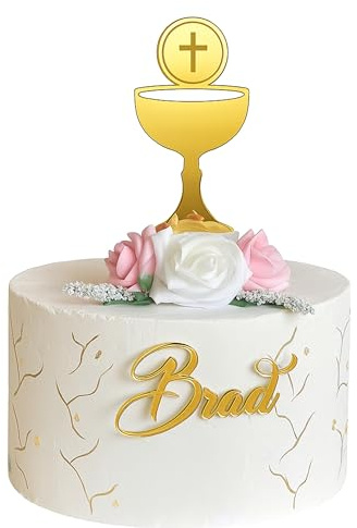 Adornos cáliz para primera comunión y cruz grabada, Nombre personalizados cortado con láser, Decoración para tartas de comunión, Adornos caliz para primera comunión, Copa cáliz de oro (Design 2)
