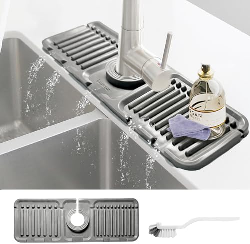 Daily Treasures Silicone Faucet Splash Guard with Brush, 5° Large Slope Sink Splash Guard, (13x4.7) Sink Splash Guard Mat Kitchen Sink Splash Guard for Bashroom Kitchen Sink (Grew)