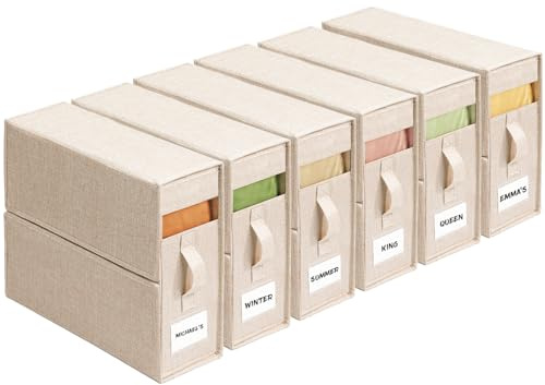 ZenStorage Bettwäsche-Organizer 6er-Set für den Kleiderschrank, Beige | Hochwertiges 1200D Imitationsleinen, Mit Transparentem Sichtfenster und Etikett, Staubdichtes Design