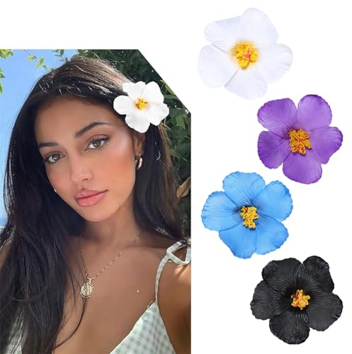Nayyana 4 Stück Hawaii-Blumen-Haarspangen für Frauen, Plumeria-Hibiskus-Haarspange, Haarspangen, hawaiianische Blumen-Haarspangen, künstliche Blumen-Clips für Urlaub, 4 Farbe