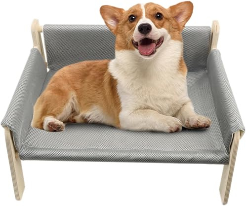 Nuyhgtr Erhöhtes Haustierbett mit Holzrahmen, Katzensofa mit abnehmbarem Bezug, stabiles erhöhtes Hundebett, Hundesofa mit Holzrahmen, erhöhtes Hundebett für kleine Haustiere, Naturholz Haustiermöbel