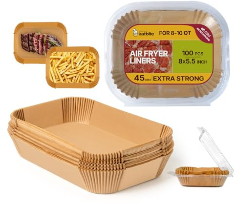 Katbite 100 Stück Backpapier für Heißluftfritteuse Airfryer Papier 20x14 cm | Airfryer Papier Liners, fettdicht & antihaft. Extra dick, reißfest. Kompatibel mit Ninja, COSORI, Philips, Cecotec