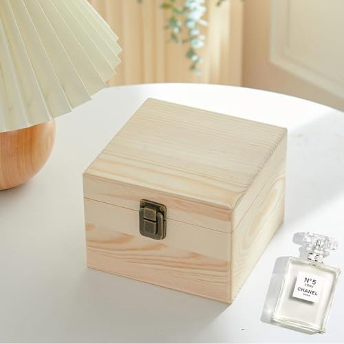 Warmiehomy Small Wooden Box with Hinged Lid 14 x 14 x 10cm Unpainted Plain DIY Handmade Wooden Storage Box for Jewelry Keys Treasure Gift Memory Decorative