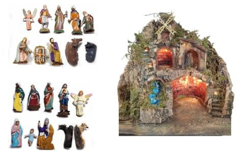 BLUSUPERSHOP Krippe komplett art7 50 x 40 cm Höhe 50 cm Holz und Kork Wasserfall und Mühle mit oder ohne Hirten ohne 10 Schäfer 10 cm Terracotta oder 10 cm Kunststoff Heiliges Grigorium Armen Tempel