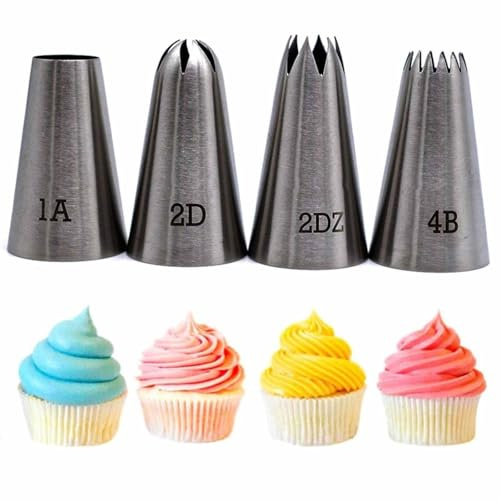4 Pack Stainless Steel Piping Nozzles, Professional Cake Decorating Tips, Food Grade 304 Steel Icing Nozzles for Cupcakes Cookies Pastries Baking