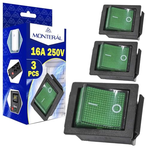 3 Piezas Interruptor Basculante Bipolar Verde 16A 250V - Garantía de 10 Años - MONTERAL