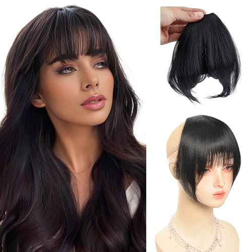 NICENEEDED Clip nella Frangia, Frangia Finta Nera Naturale Frangia Francese Piatta A Tendina Finta, Frangia Spessa con Tempie, Posticci per Capelli da Donna, da Indossare Tutti I Giorni