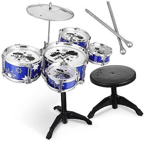 KOMBIUDA Batterie pour Garçon et Filles Tout-Petits 21 Pouces 5 Tambours Bleue Tabouret Instrument Musique Percussion Kit Batterie Jazz 3 à 5 Ans Jeu Éducatif Loisirs