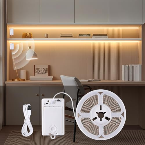 StarryEver LED Streifen mit Bewegungsmelder, 3M 90 LED Strip mit Wiederaufladbares Batterie, Warmweiß 2700K Bewegungssensor Licht mit 2 Modi, LED Nachtlicht für Schränke Treppen Küche Betten Deko