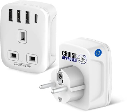 Cruise Approved 5-in-1 Travel Adapter – Non Surge for Cruises – 3 USB + 1 USB-C – Works on P&O, Marella, MSC, Royal, Celebrity, Carnival, Princess, NCL, Disney, Fred Olsen – (EU)