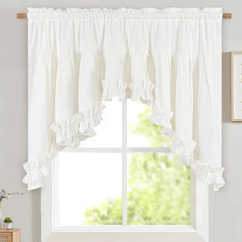 Likiyol Linen Valances for Windows Farmhouse Ruffle Swag Valance Rustic Country Window Valances Light Filtering Kitchen Curtains Rod Pocket Valance Curtains for Bathroom Cafe, White, 60 W x 36 L