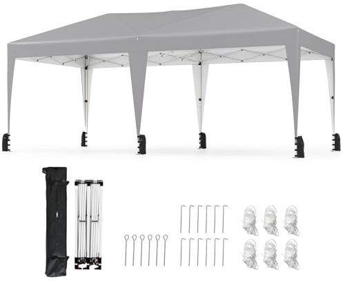 COSTWAY Carpa Plegable 5,9x3m, Altura Ajustable, Pergolas de Jardin Pop up, Bolsa de Transporte con Ruedas, 6 Bolsas de Arena, Gazebo Pabellón Cenador Plegable Camping Fiesta (Gris)