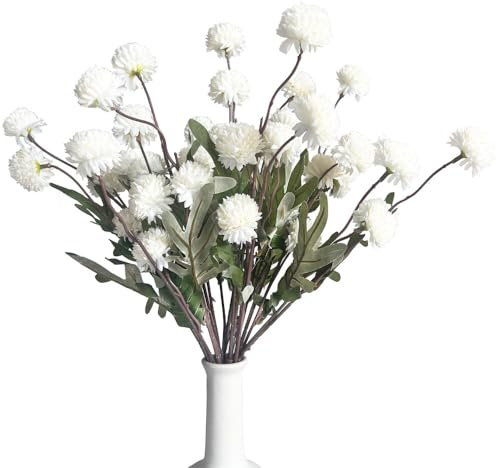 Amajoy Künstliche Pompons für Mütter, kleine Chrysanthemen mit Stielen für selbstgemachte Blumensträuße, Arrangements, Hochzeitsfüller, Innen- und Außenbereich, 8 Stück (weiß)