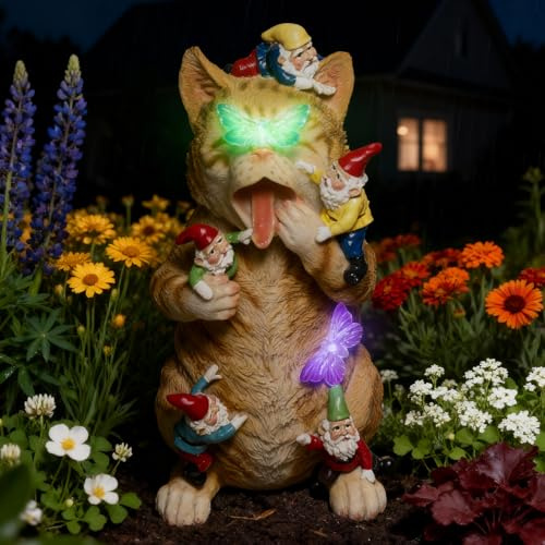 ZESTYEUX Solar Funny Garden Gnomes Kitty Figurine Colorful Gradent LED Lights Decorations for Yard Sculpture Outdoor Statue