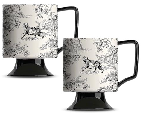 2er-Set 400ml Kaffeebecher Premium Porzellan Kaffeetasse mit hohem Fuß | Schwarz Trinkbecher mit Henkel Geschenk Keramiktasse Vintage-Blumen-Keramikbecher, Restaurant-Dekoration, Spülmaschine