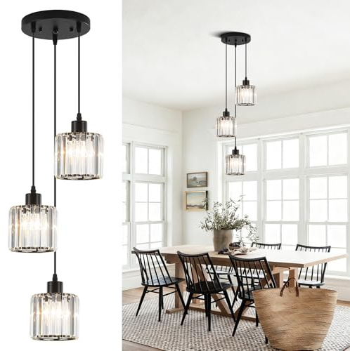 LXWNYY Modern Kristall Pendellampe Hängelampe, 3-flammige Cluster Pendelleuchte Esstisch Kristall Kronleuchter, Hängeleuchte aus Metall in schwarz, Esszimmerlampe hängend Wohnzimmerlampe, E27 Fassung