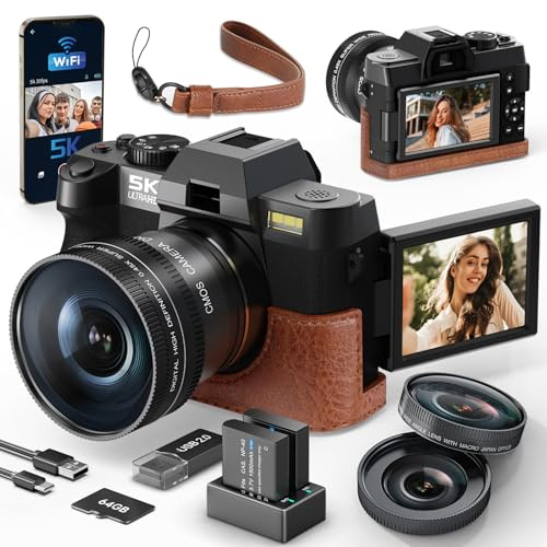 5K & 64 MP Digitalkamera für Foto & Video – 16-facher Zoom, WLAN, 180° Flip-Display, Autofokus, Bildstabilisierung, Weitwinkel- & Makroobjektiv，PU-Ledertasche, 64 GB Speicherkarte