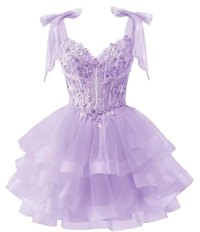 WSEYU ZMKI390 - Vestido corto de tul con tirantes delgados, apliques de encaje, para dama de honor, graduación, cóctel, fiesta, Lila, 36