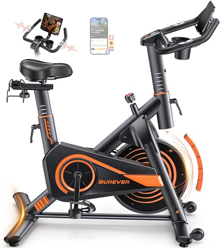 Burever Exercise Bike with LCD Display, Spin Bike with APP, 0-100% Magnetic Resistance, Dumbbell Rack, Exercise Bikes for Home Gym Use, 15kg Flywheel, 160KG Weight Capacity
